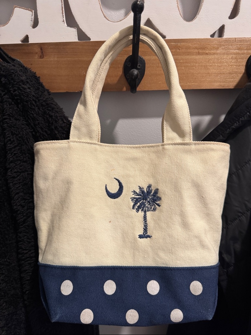 Canvas Palm Tree Polka Dot Tote Bag in Cream and Navy w/ BONUS